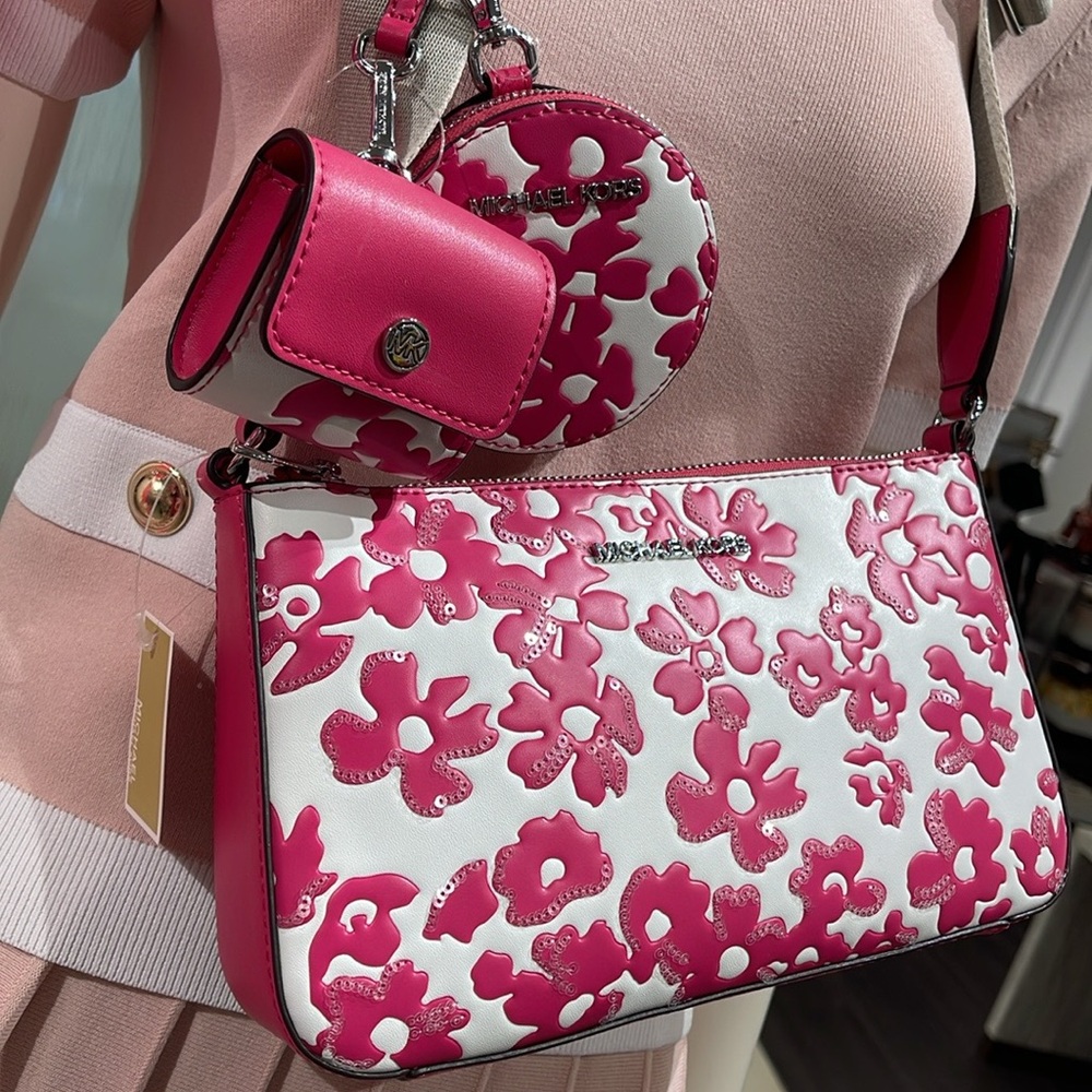 MICHAEL KORS Jet Set Sm Sequined Floral Print Crossbody Bag Case Apple Airpod - Picture 15 of 16